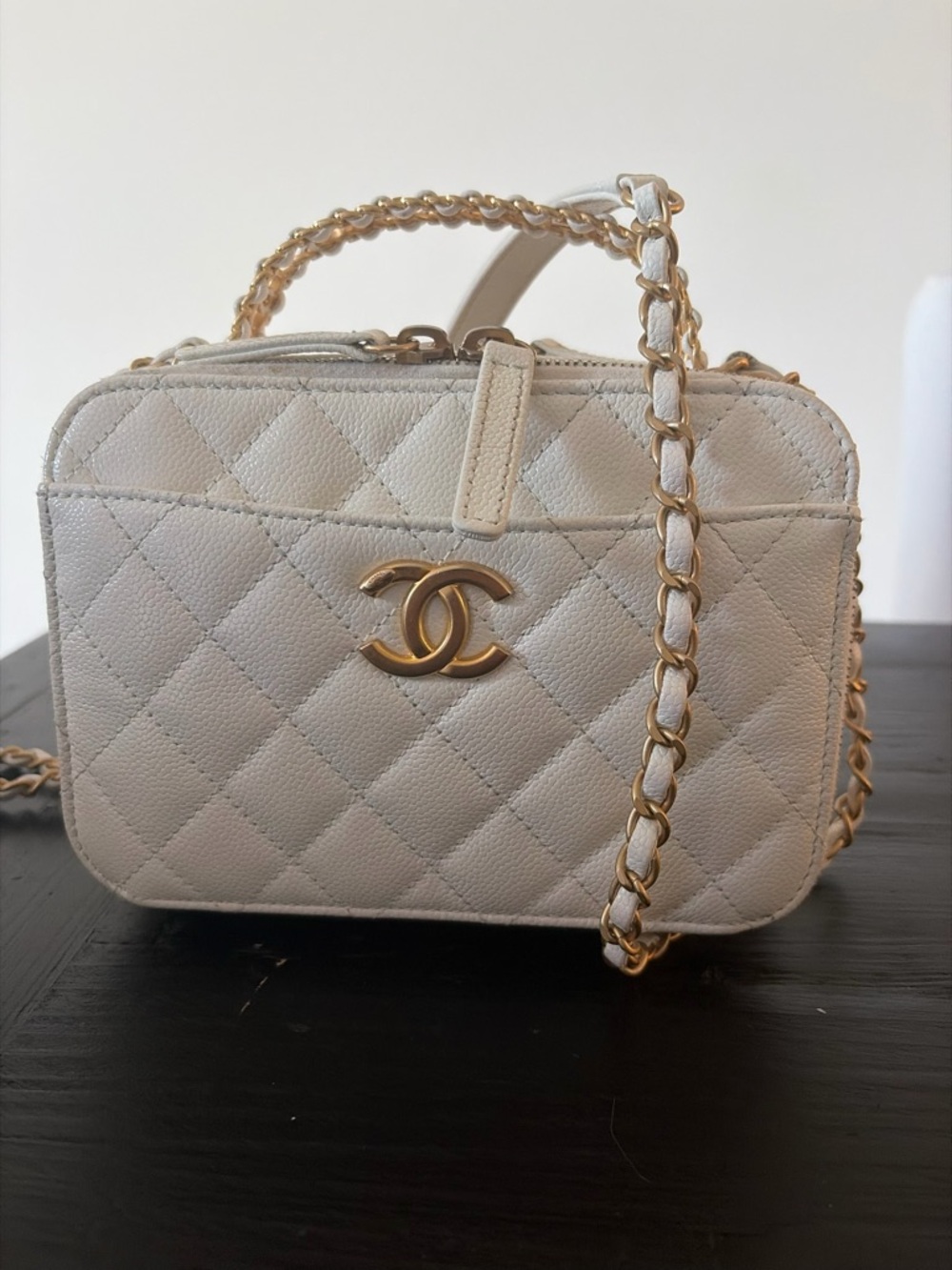 CHANEL White Quilted Vanity Crossbody Bag with Gold Hardware